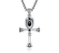 Ankh Necklace 925 Sterling Sliver Black Onyx Pendant Celtics Egyptian Jewellery for Men Women with Stainless Steel Pearl Chain 22+2(55+5cm)