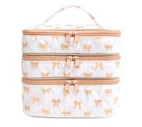 ANKICK Bow Makeup Train Case,Three Layer Travel Makeup Brush Bag,Cute Portable Cosmetic Case Organizer for Women, Orange A, Bow