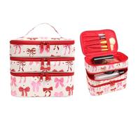 ANKICK Bow Makeup Train Case,Three Layer Travel Makeup Brush Bag,Cute Portable Cosmetic Case Organizer for Women, Red B, Bow
