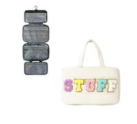 ANKICK Hanging Toiletry Bag Personalized Stuff Makeup Bags，Preppy Chenille Letter Travel Makeup Cosmetic Pouch Organizer