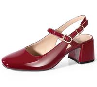 Ankis Mary Jane Chunky Low Heels Dress Shoes for Women Slingback Square Closed Toe Heels Wedding Party Pumps, Burgundy Patent, 7 UK