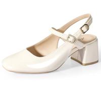 Ankis Mary Jane Chunky Low Heels Dress Shoes for Women Slingback Square Closed Toe Heels Wedding Party Pumps, Beige Patent, 9 UK