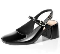 Ankis Mary Jane Chunky Low Heels Dress Shoes for Women Slingback Square Closed Toe Heels Wedding Party Pumps, Black Patent, 6 UK