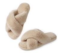 Ankis Women Camel Fluffy Slippers, Cross Band Furry Open Toe, Memory Foam, Cozy Plush Home Shoes, Indoor Outdoor, Anti-Slide, Size 9/10 UK