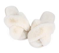 Ankis Women Slippers White Fluffy Slippers Memory Foam, Cross Band Furry Open Toe Slippers Cozy Plush Home Shoes Indoor Outdoor Anti-Slide Slipper