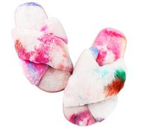Ankis Women's Fluffy Slippers, Cross Band Furry Open Toe, Memory Foam, Anti-Slide, Multicolour, Size 7/8 UK