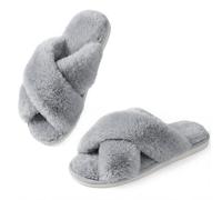 Ankis Women's Grey Fuzzy Fluffy Slippers Size 5-12 Memory Foam Cross Band Open Toe Anti-Slide Indoor/Outdoor Slippers