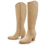 Ankis Women's Knee High Boots Pointed Toe 2.75in Chunky Heel Side Zipper, Apricot Suede, 9 UK