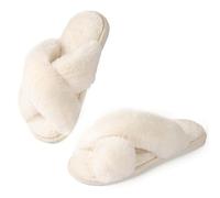 Ankis Women's White Fuzzy Fluffy Slippers, Memory Foam, Cross Band, Open Toe, Anti-Slide, Size 3/4 UK