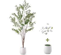 Ankishi Artificial Olive Tree 6.2FT/190cm, w/10.25inch White Tall Planter, Faux Olive Tree Artificial Plants with Natural Wood Trunk and Lifelike Fruits, Sturdy to Hang Lights for Home Office Decor