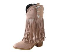 Ankle Boots Comfortable Block Heel Fringe Mid Knee | leisure, block heel, fringe, mid shaft, cowboy style, comfortable fit, sturdy, versatile
