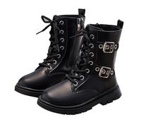 Ankle Boots for Kids Lace Up Side Zipper Steampunk Style Non Slip Sole Girls Faux Leather School Shoes Durable Motorcycle Work Combat Boots Black