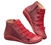 Ankle Boots for Women Arch Support Low Heel Fashion Casual Outdoor Walking Short Booties Slip On Vintage Leather Sneaker (Red, UK Footwear Size System, Adult, Women, Numeric, Medium, 5.5)