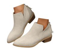 Ankle Boots for Women Low Heel Pointed Toe V Cutout Short Western Boots | Vintage Pull on Stacked Heel Faux Suede Fall Booties with Back Zipper Classic Elegant Outdoor Walking Bussiness Casual Boots