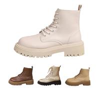 Ankle Boots for Women Patent Leather Platform Lug Sole Combat Booties Lace up Low Block Chunky Heel with Side Zipper Fall Winter Military Boot Shoes Stylish Beige Footwear Size 6.5