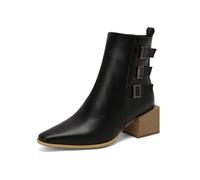 Ankle Boots for Women Pointed Toe PU Heeled Boots | Three-row ornamental buckle strap detail,block heel,slip-resistant rubber outsole,for daily outing,bar visit,date night