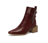 Ankle Boots for Women Pointed Toe PU Heeled Boots | Three-row ornamental buckle strap detail,block heel,slip-resistant rubber outsole,for daily outing,bar visit,date night
