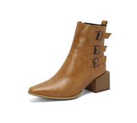 Ankle Boots for Women Pointed Toe PU Heeled Boots | Three-row ornamental buckle strap detail,block heel,slip-resistant rubber outsole,for daily outing,bar visit,date night