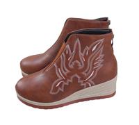 Ankle Boots for Women Slip on Ankle Boots Womens Embroidered Chunky Heel Short Leather Booties for Women Fall/Winter 2025 Elastic Front Back Zipper Fashion Booties Womens Brown