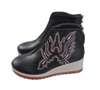 Ankle Boots for Women Slip on Ankle Boots Womens Embroidered Chunky Heel Short Leather Booties for Women Fall/Winter 2025 Elastic Front Back Zipper Fashion Booties Womens Black