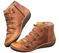 Ankle Boots for Women UK Arch Support Low Heel PU Leather Wide Fit Wedge Shoes Waterproof Walking Shoes Comfortable Lace Up Short Booties Classic Anti-Slip Outdoor Combat Booties