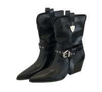 Ankle Boots for Women UK Block Low Heel Cowboy Boots Retro Pointed Toe Riding Boot Retro Elegant Slip-On Buckle Short Boot Wide Fit Calf Solid Color Cowgirl Shoes Classic Comfort Western Footwear