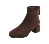 Ankle Boots for Women UK Faux Suede Square Toe Block Heel Tan Camel Ladies Back Zipper Stretchy Pull On Mid Heel Soft Comfort Fashion Casual Dress Office Footwear Brown, Size 4