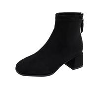 Ankle Boots for Women UK Faux Suede Square Toe Block Heel Tan Camel Ladies Back Zipper Stretchy Pull On Mid Heel Soft Comfort Fashion Casual Dress Office Footwear Black, Size 5
