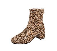 Ankle Boots For Women UK Leopard Print Winter Suede Ankle Boots Thick Sole Square Heels Boots Slip On Round Toe Cowboy Boots Back Zipper Short Boots Fashion Comfortable Walking Boots