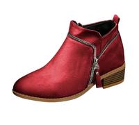 Ankle Boots for Women Zipper Design, Leather Boots Womens with Smooth Leather Upper & Wooden Block Heel, Minimalist Appearance, Commute Wear & City Walking (Red, 3)
