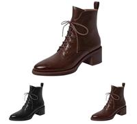 Ankle Boots for Womens Lace-Up Boots with Side Zipper Low Thick Heel British Style, Ladies Pointed Toe Waterproof Non-Slip Lightweight Comfort Slim Pull-On Footwear Size 5.5 Brown