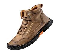 Ankle Boots Men's High Top Leather Boots Handmade Stitches Ankle Boots Fashion Elastic Barefoot Shoes Large Sizes Lace-Up Boots Comfortable Short Boots with Arch Support Work Shoes, khaki, 8.5 UK