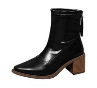Ankle Boots Women Black Leather Ankle Boots Women Top Layer Cowhide Thin Booties Short Barrel British Style Casual Thick Bottom Booties Fashionable Pointed Toe All Tan Heel (Black, 5)