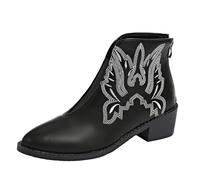 Ankle Boots Women Wide Fit Chelsea Boots for Women Cowboy Shoes Western Cowboy Ankle Shoes Embroidery Stitching Pointed Toe Hollowed Out Chunky Heel Short Red Brown and Black Cow (Black,5.5)