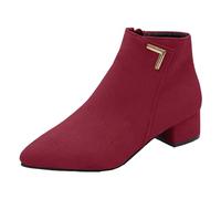 Ankle Boots Women Wide Fit Chelsea Boots for Women Shoes Zipper Autumn and Winter Satin Finish Chunky Heel Short Shoes Solid Color Pointed Toe High Heel Ankle Classic Heritage (Red,6.5)