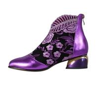 Ankle Boots Women's Black with Heel, Platform Boots Women's Leather Ankle Boots Block Heel Snow Boots Lace Floral Pattern High Heels Hiking Boots Elegant Pumps Outdoor Party Women's Shoes, purple, 4