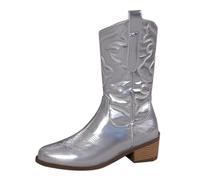 Ankle Boots Women's Half Height Boots with Funnel Heel Embroidered Patent Western Boots Pointed Toe Cowboy Boots Autumn Winter Mid Boots Ankle Boots Elegant Fashionable Women's Boots, silver, 9 UK