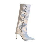 Ankle Boots Women's Knee-High Patent Leather Boots Half Height Boots with Stiletto Heel Pointed Toe Long Shaft Boots with Side Zip and Buckle Elegant Fashionable Women's Boots, White, 6 UK