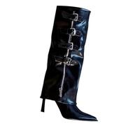 Ankle Boots Women's Knee-High Patent Leather Boots Half Height Boots with Stiletto Heel Pointed Toe Long Shaft Boots with Side Zip and Buckle Elegant Fashionable Women's Boots, black, 8.5 UK