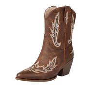 Ankle Boots Women's Leather Heel Cowboy Boots Women's Wide Shaft Ankle Boots Short Shaft Western Boots Vintage Embroidery PU Leather Half Height Slip On Boots Non-Slip Riding Boots, brown, 10 UK