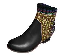 Ankle Boots Women's Leather Short Boots with Heel Retro Roman Casual Shoes with Ethnic Style Pattern Fashion Patchwork Side Zip Round Toe Party Shoes, black, 8 UK