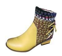 Ankle Boots Women's Leather Short Boots with Heel Retro Roman Casual Shoes with Ethnic Style Pattern Fashion Patchwork Side Zip Round Toe Party Shoes, yellow, 8 UK