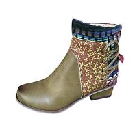 Ankle Boots Women's Leather Short Boots with Heel Retro Roman Casual Shoes with Ethnic Style Pattern Fashion Patchwork Side Zip Round Toe Party Shoes, Green, 6 UK
