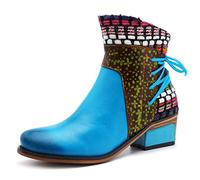 Ankle Boots Women's Leather Short Boots with Heel Retro Roman Casual Shoes with Ethnic Style Pattern Fashion Patchwork Side Zip Round Toe Party Shoes, blue, 6 UK