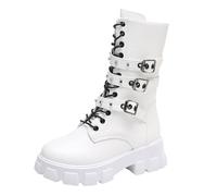 Ankle Boots Women's Plain Mid Calf Cowboy Boots Women's Classic Boots Elegant Chunky Block Heel Belt Buckle Mid Calf Boots Wellington Boots Lace-Up Boots, White, 6 UK