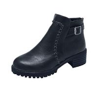 Ankle Boots Women's Thick Bottom Winter Boots with Low Heel Round Toe Leisure Boots with Belt Buckle Soft Sole Motorcycle Boots Fashionable Western Leather Boots Windproof Ankle Boots, black, 8 UK