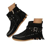 Ankle Cowboy Boots For Women Arch Support Low Heel Fashion Vintage Leather Short Booties with Zipper Western Suede Fringe Walking Boots