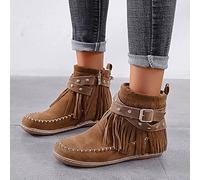 Ankle Cowboy Boots For Women Short Wide Width Cowboy Booties Western Suede Fringe Walking Boots Round Toe Flats Winter Warm Fashionable Outdoor Short Booties With Zipper