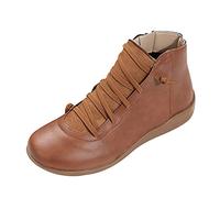 Ankle for Women Vintage Leather Low Heel Boots Lace Up Zipper Booties Fall Winter Outdoor Flat Bootie