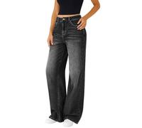Ankle Grazer Trousers Women, Women's High Waisted Baggy Jeans Straight Wide Leg Elastic Waist Stretchy Jean Y2K Pull on Tummy Control Denim Pants with Pockets Ladies Classic Boyfriend Jean